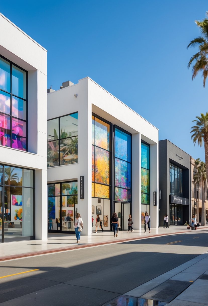 Street view of five modern art galleries in California with glass windows, palm trees, and people walking nearby.