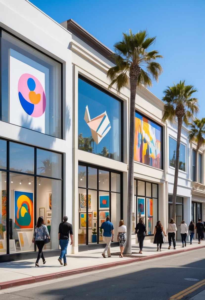 A street view of five art galleries in California with people walking by and artworks displayed in the windows.