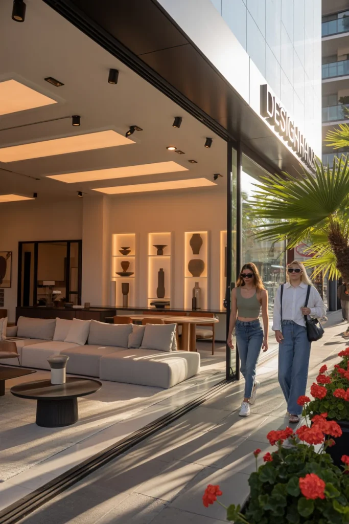A street in Los Angeles with five furniture stores displaying various sofas, chairs, and tables through large windows, with people walking on the sidewalk and palm trees lining the street.