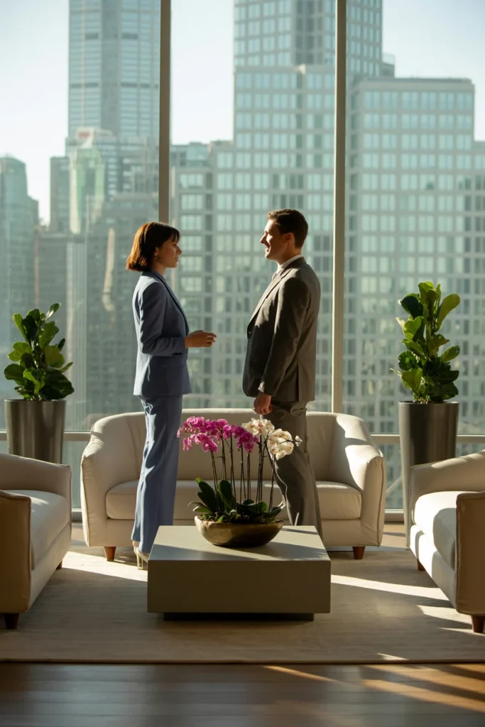 An elegantly designed modern living room with large windows offering a stunning city skyline view. The space features minimalist, contemporary furniture with light wooden tones, including a beige sofa, cozy armchairs, a stylish coffee table, and decorative plants. A couple stands in the center, dressed in professional attire, engaged in a conversation. The room is bathed in natural light, giving it a sophisticated, upscale ambiance.