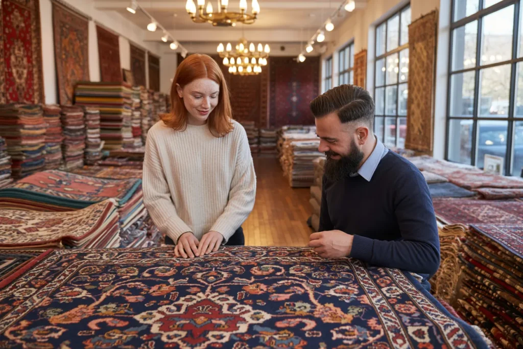 Interior of a bright rug store with various colorful rugs displayed and a customer being assisted by a store employee.