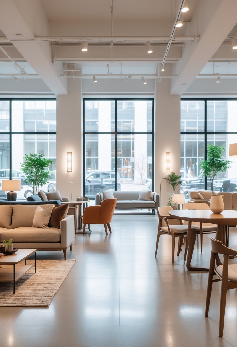 Interior of a modern furniture store with sofas, tables, chairs, and home accessories displayed in a bright, spacious showroom with large windows showing a city view.
