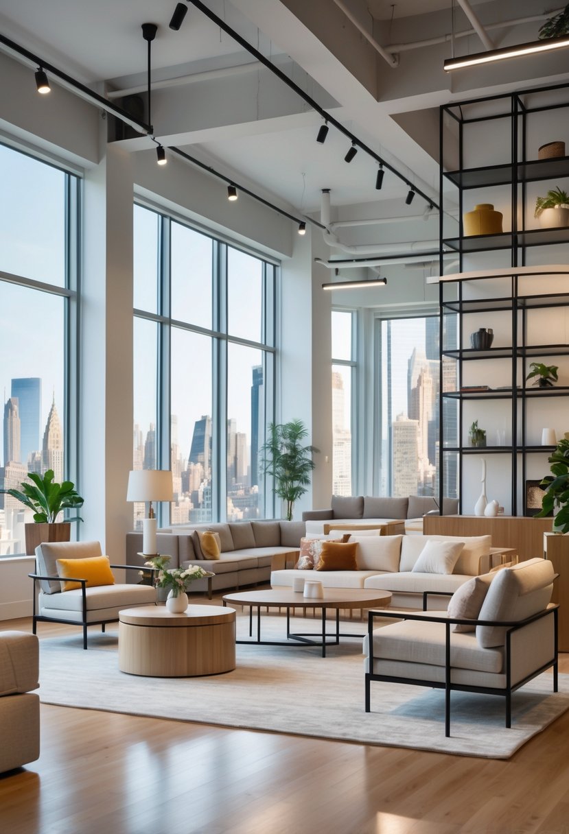 Interior of a modern furniture store with sofas, chairs, tables, and large windows showing a city skyline.