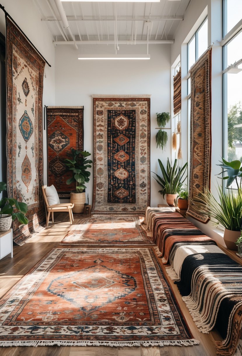 A variety of rugs displayed inside a bright and spacious rug store with natural light coming through large windows.