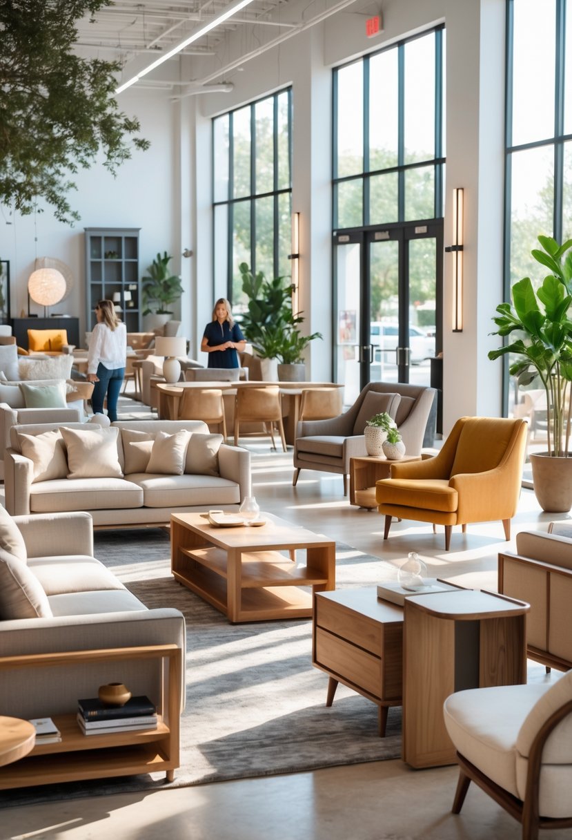 Interior of a bright, modern furniture store with sofas, tables, and armchairs displayed in an open showroom with natural light.