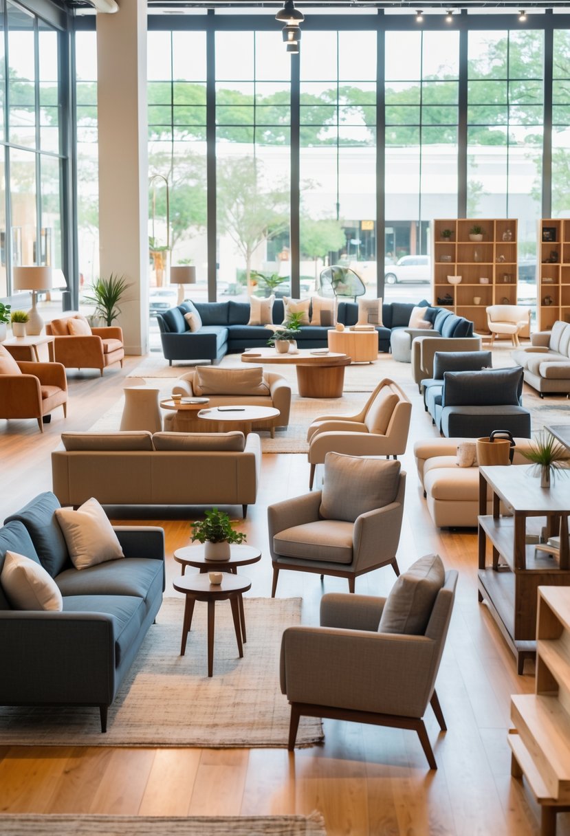 Interior view of a brightly lit furniture store displaying sofas, dining tables, chairs, coffee tables, and bookshelves arranged neatly.