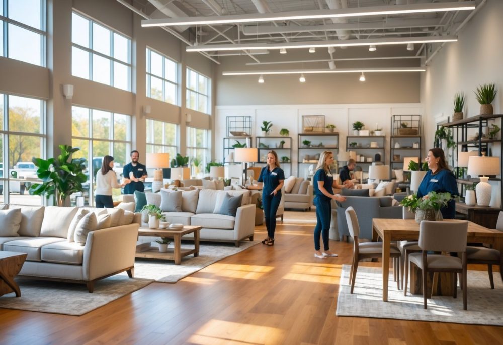 Interior of a spacious furniture store with sofas, tables, and customers browsing.
