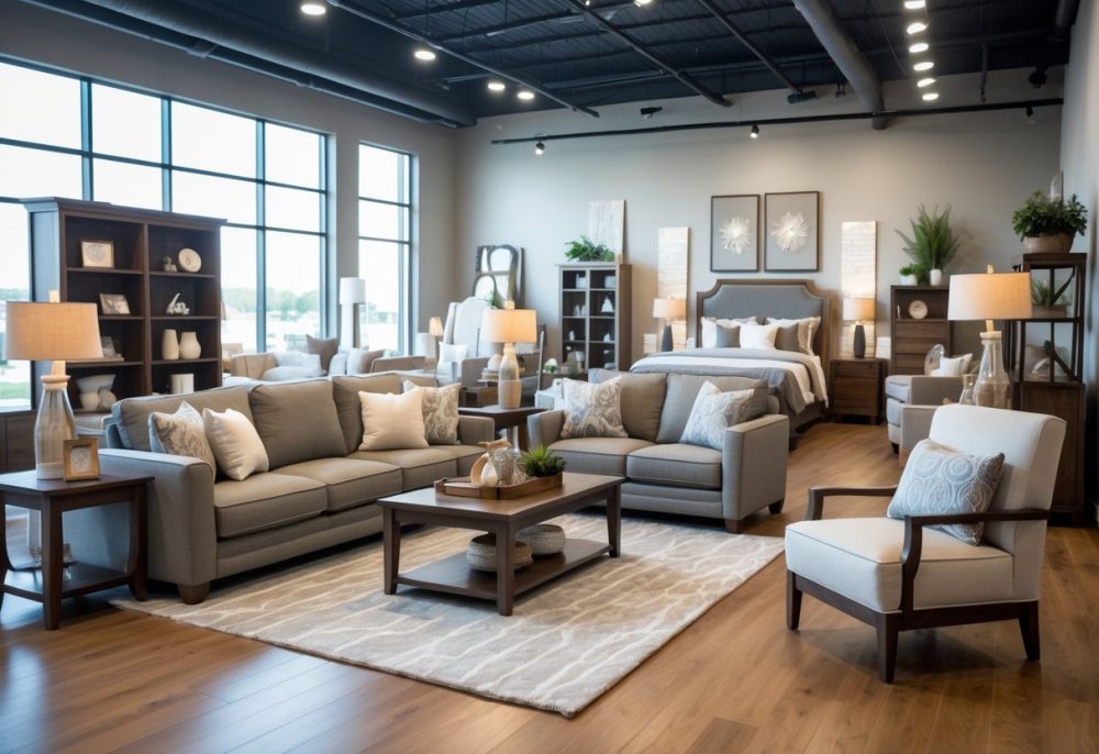 A furniture showroom displaying a sofa, coffee table, armchair, dining table with chairs, bookshelf, and a bedroom setup with a bed and dresser.