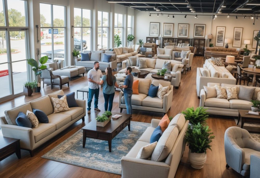 Customers browsing furniture in a bright, spacious furniture store with a sales associate helping them.