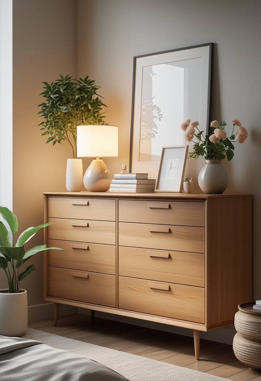A bedroom dresser with a lamp, potted plant, books, a vase with flowers, a framed picture, and a jewelry tray arranged on top.