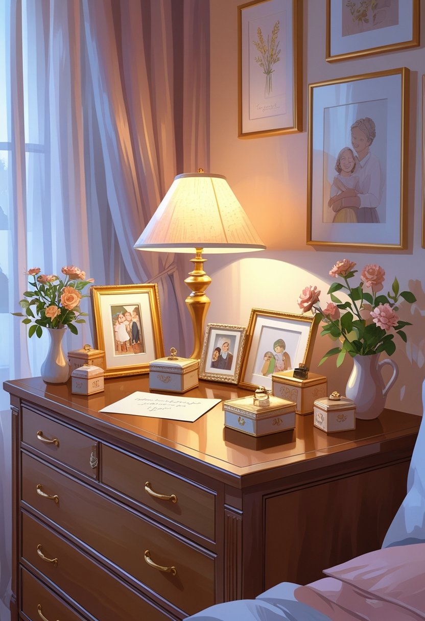 A bedroom dresser decorated with framed photos, keepsakes, a lamp, and fresh flowers, creating a warm and personal atmosphere.