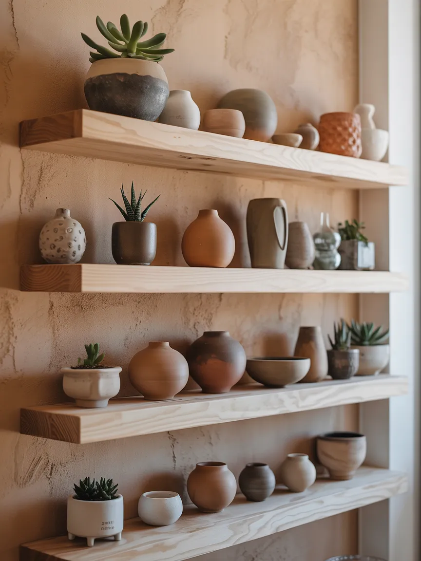 Floating Wood Shelves with Ceramics