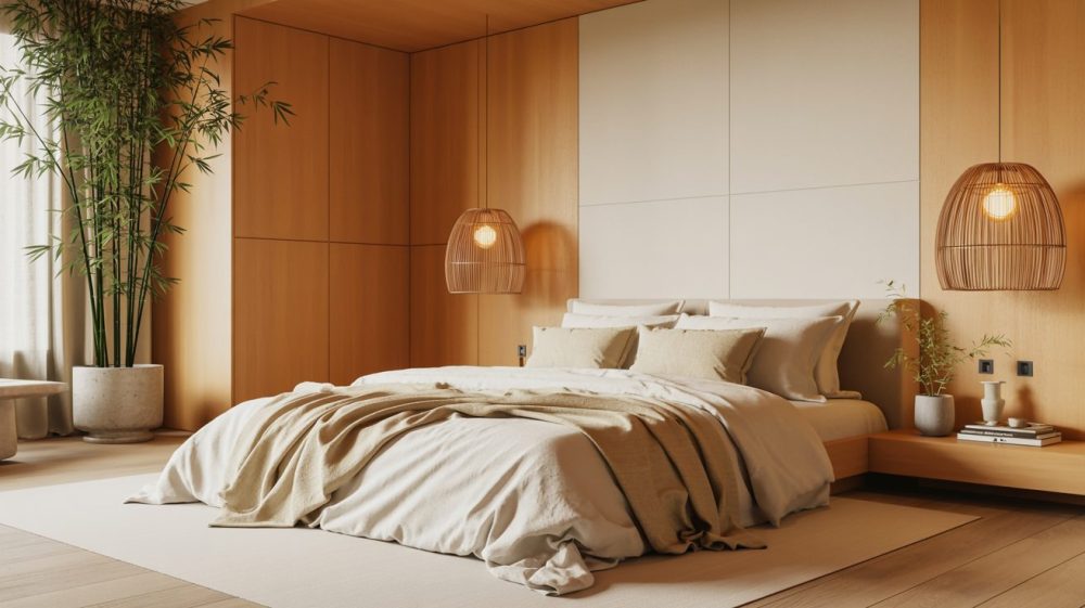 "COVER PHOTO: An expansive and serene Japandi bedroom blending Scandinavian comfort with Zen tranquility. Features a low-profile bed with luxurious linen textiles, a subtle neutral color palette, natural light wood textures, minimalist lighting with organic shades, and elegant indoor bamboo plants. The space feels decluttered yet warm, reflecting a functional interior design with a profound minimalist home aesthetic. Architectural Digest aesthetic with a lived-in, authentic feel. Soft, inviting natural light, 16:9 aspect ratio. Shot with a Fujifilm X-T4, 35mm lens