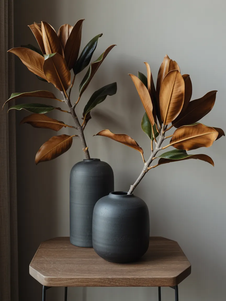 Dried Magnolia Branches in Ceramic Vases