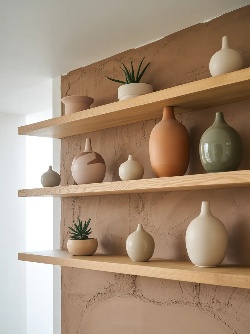 Floating Wood Shelves with Ceramics
