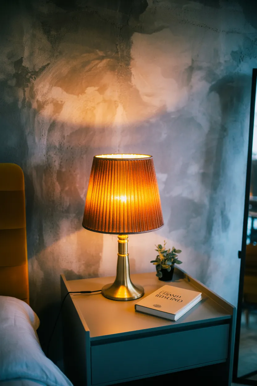 Antique Gold Pleated Shade Against Concrete Walls