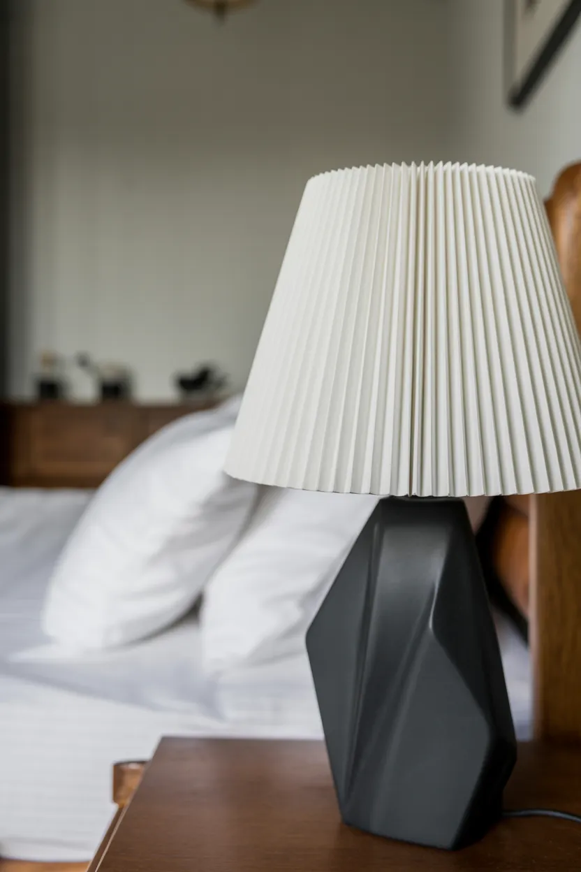 White Pleated Shade on a Sculptural Matte Black Base