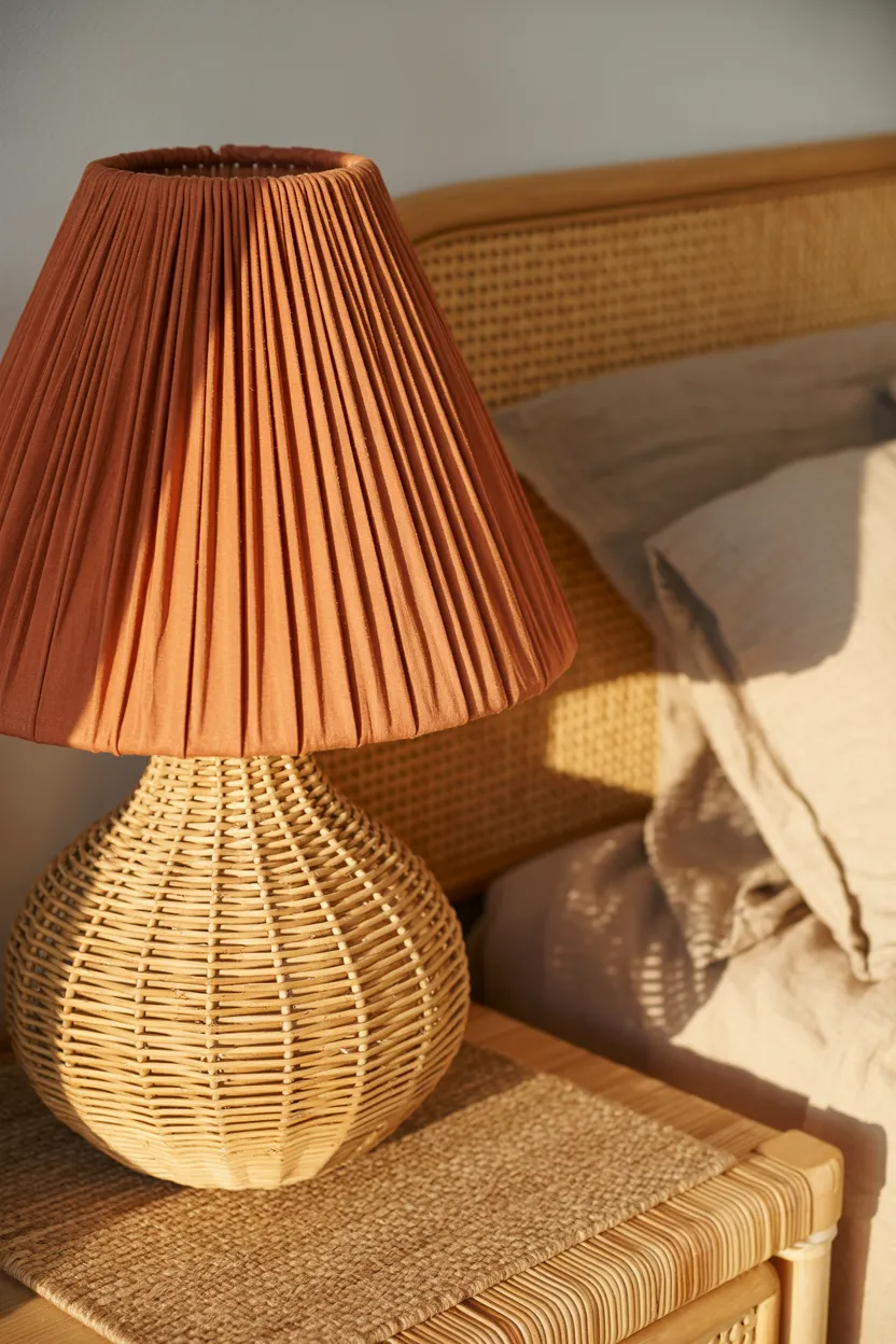 Warm Terracotta Pleated Shade with Rattan Base
