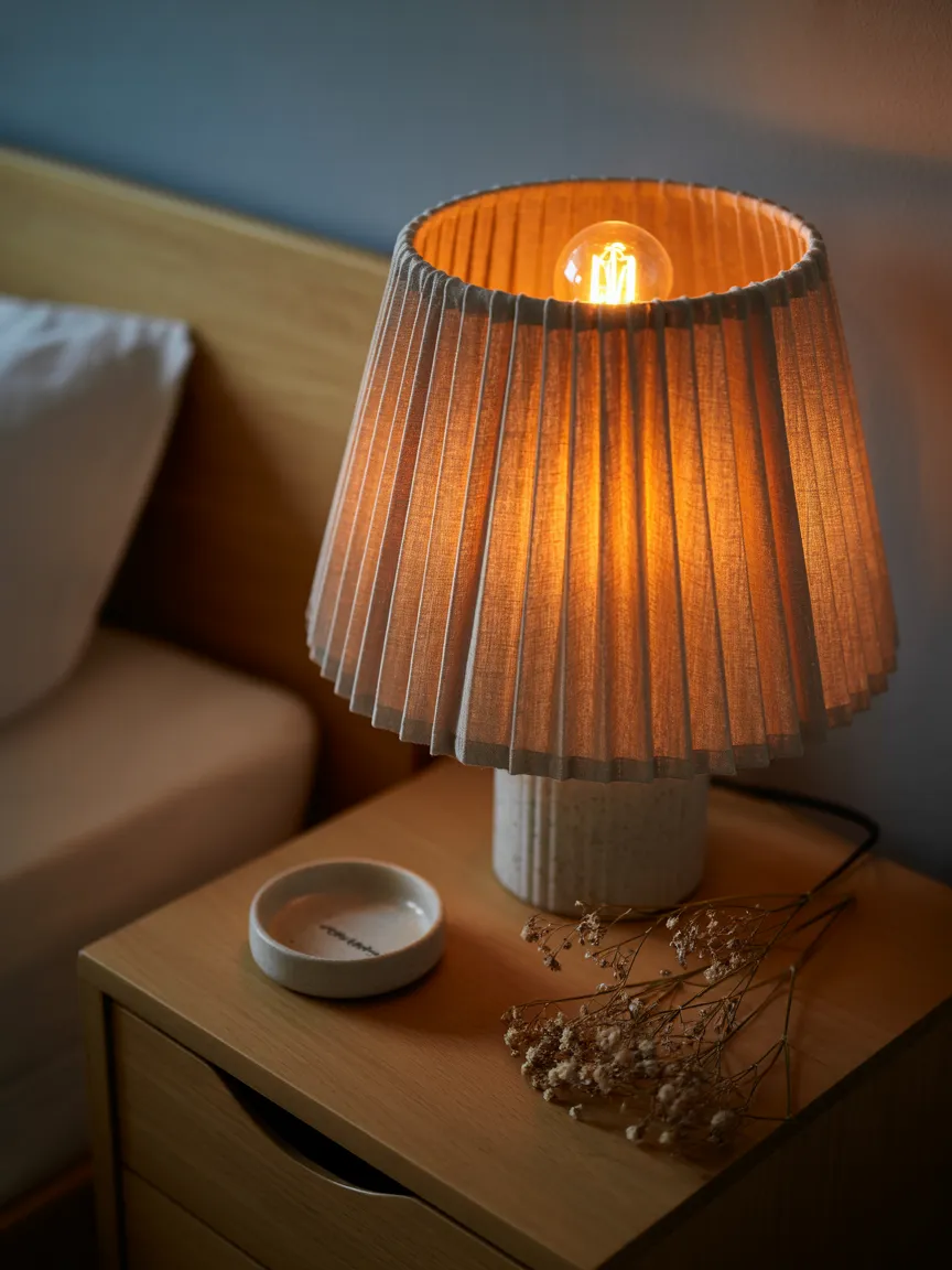 Champagne Linen Pleats with a Warm Edison Bulb