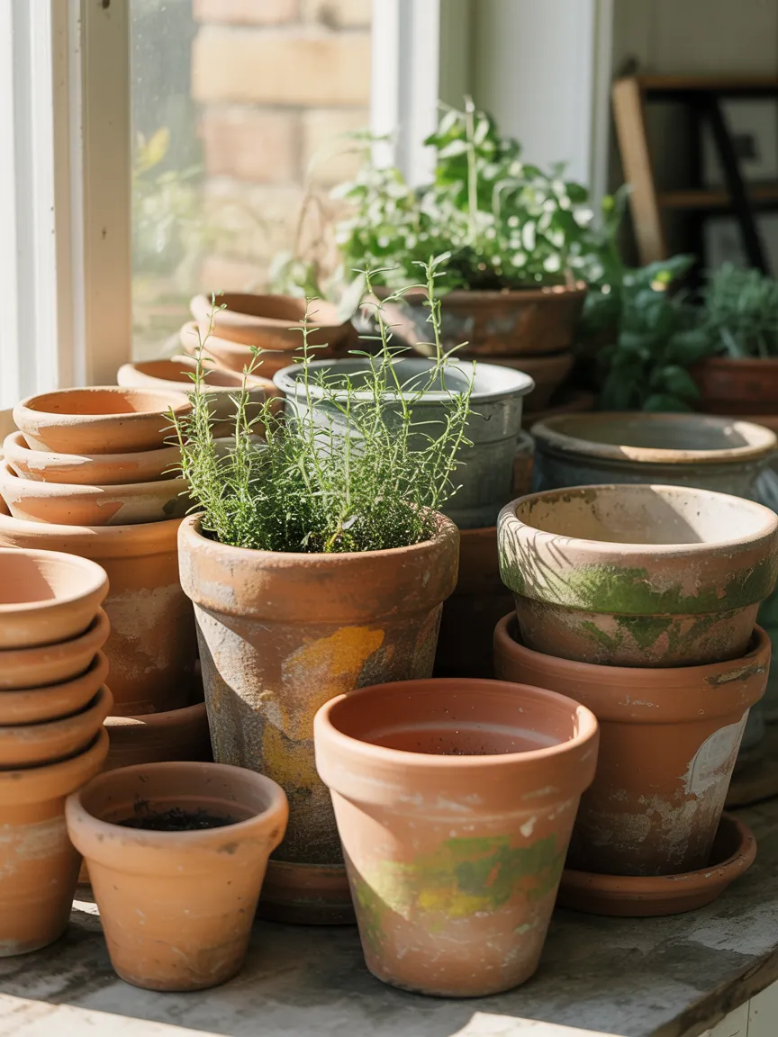 Aged Terracotta Pots Clustered Near Windows