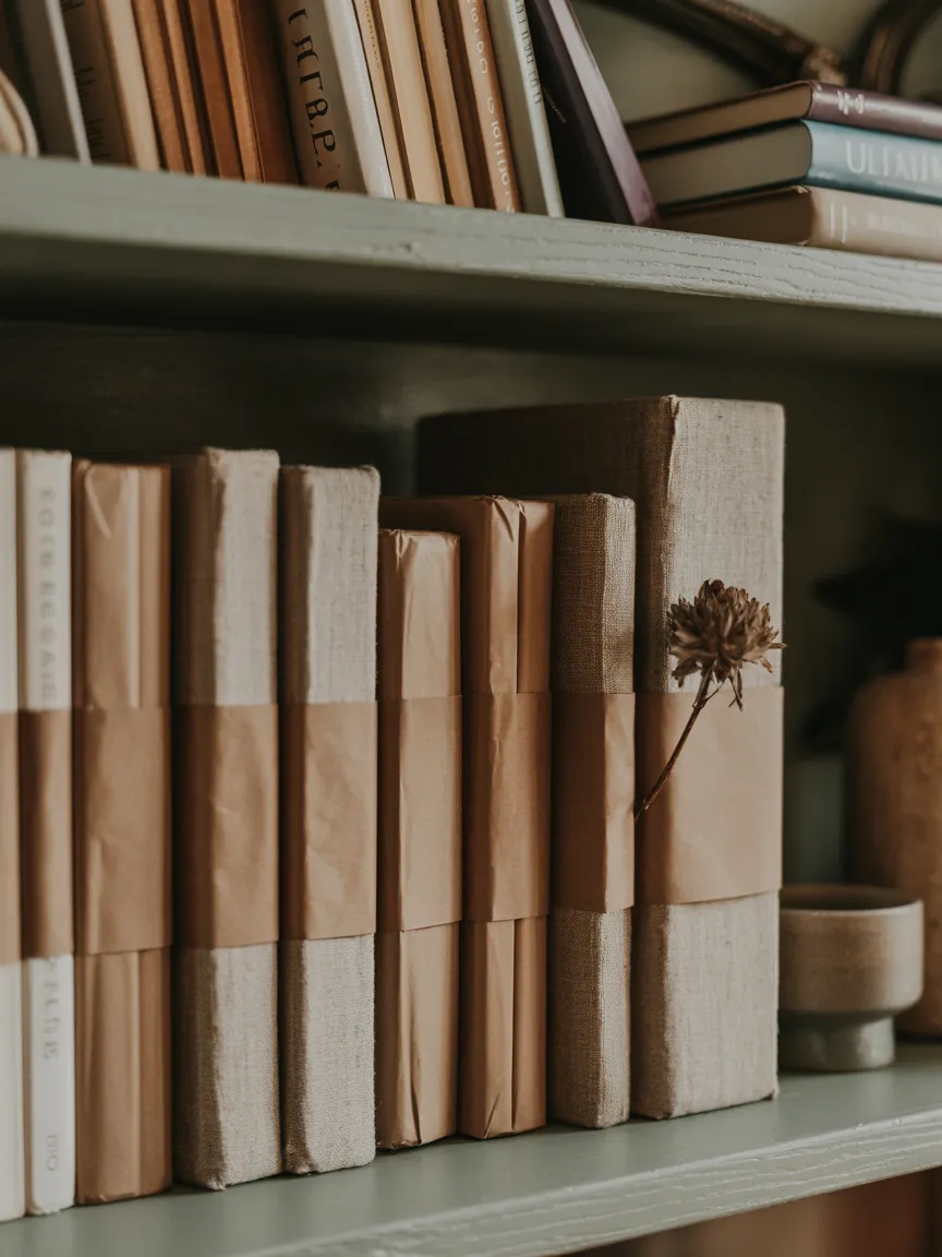Linen-Wrapped or Paper-Covered Books on Open Shelves