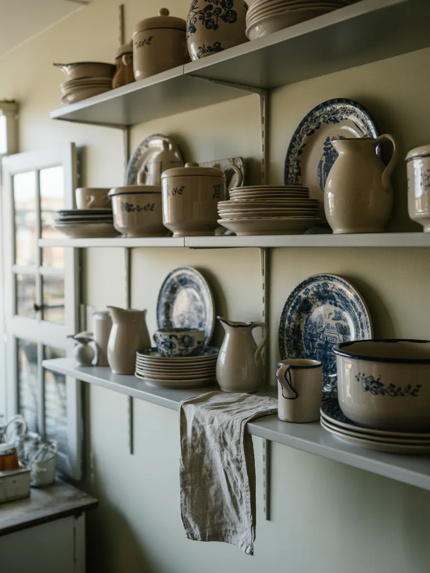 Open Shelving Styled With Vintage Stoneware Crocks