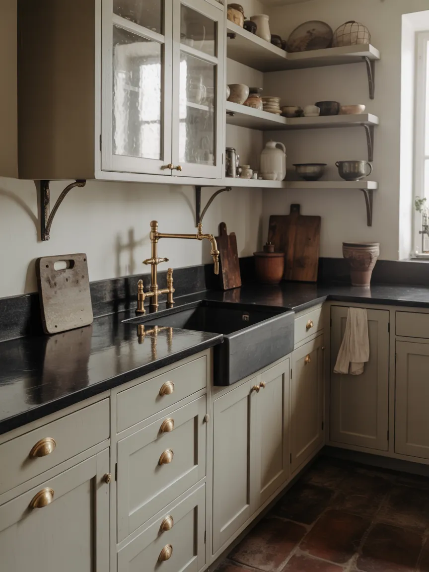 Black Countertops With White Cabinets for a Belgian Farmhouse Edge