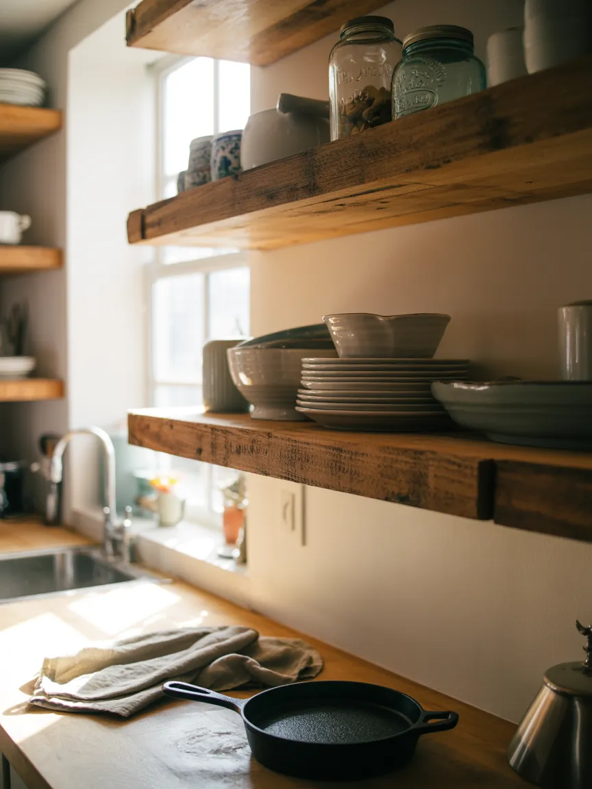 Thick Floating Shelves With a Rough-Sawn Edge