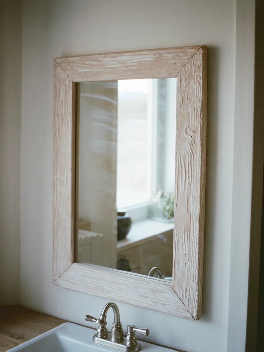 A Driftwood Mirror Frame Above the Bathroom Sink