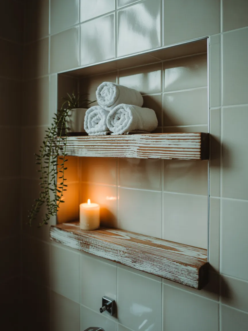 Reclaimed Wood Floating Shelves in a Bathroom Niche