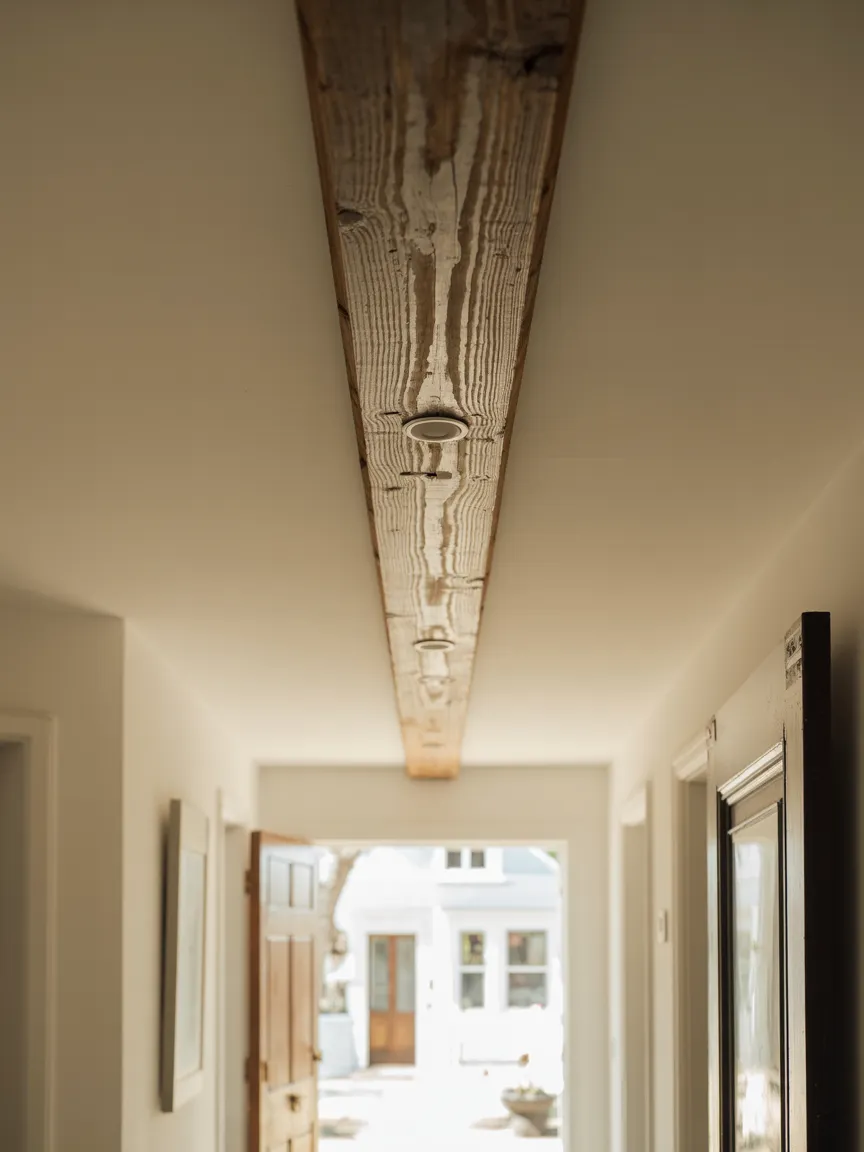 A Distressed Timber Ceiling Beam Across an Entryway