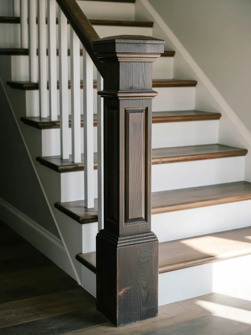 A Reclaimed Wood Newel Post at the Base of the Stairs