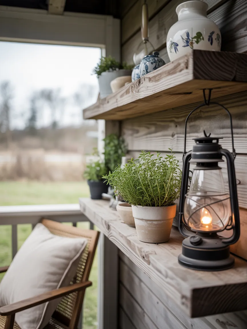Barn Wood Floating Shelves on a Covered Porch