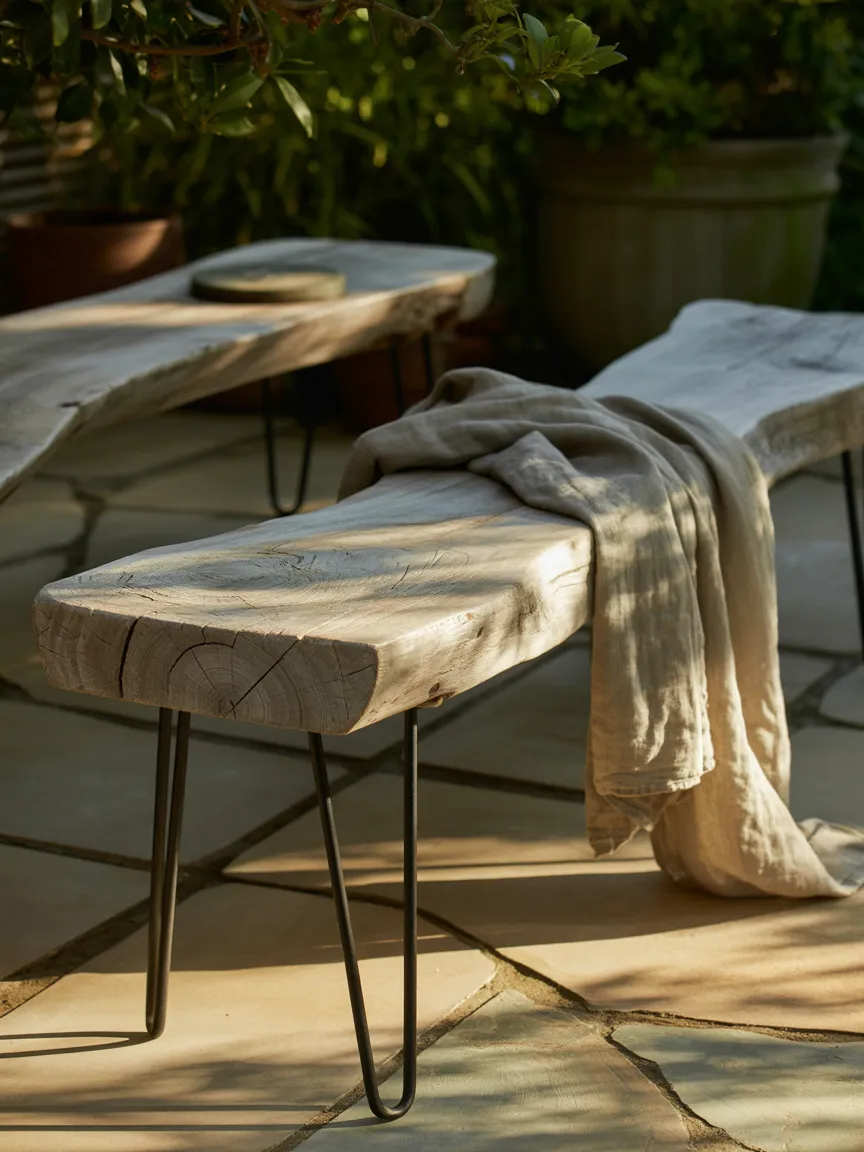 A Reclaimed Wood Garden Bench With Iron Legs