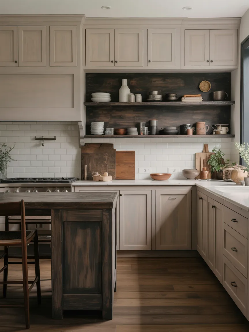 Mixing Dark Aged Wood Tones With Light Modern Farmhouse Cabinets