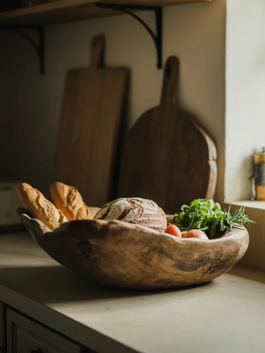 Vintage Dough Bowls as Countertop Centerpieces