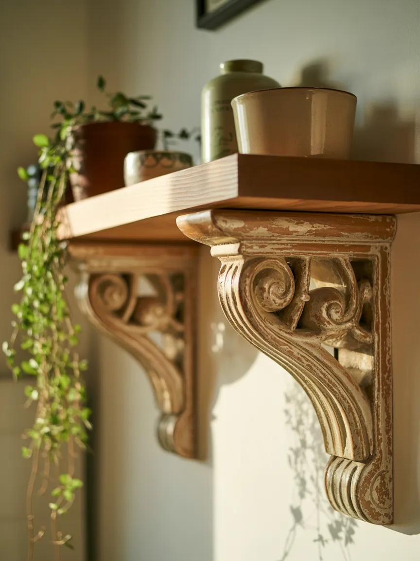 Salvaged Timber Corbels as Shelf Brackets