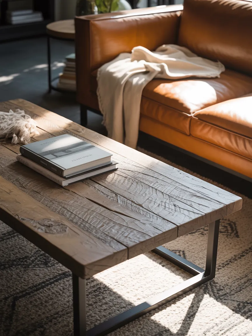 A Distressed Wood Coffee Table With Metal Legs