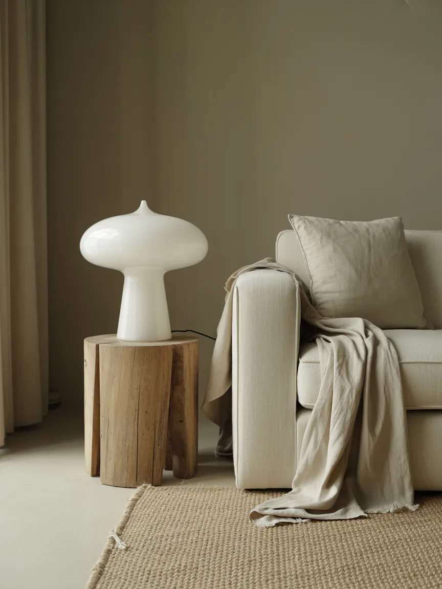 Monochromatic White Mushroom Lamp in an All-Neutral Room