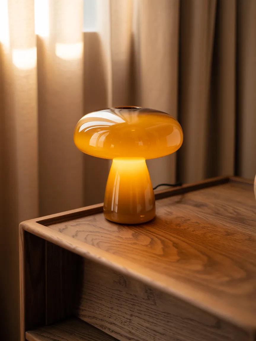 Warm Amber Glass Against Dark Walnut Wood