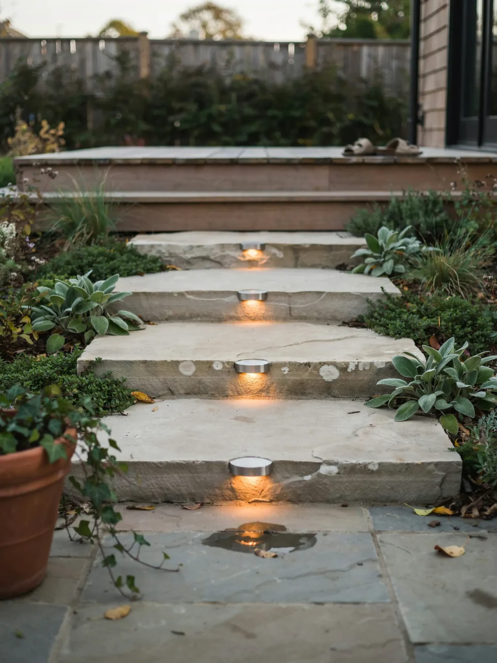 Solar Powered Path Accent Markers Along Approach Stairs