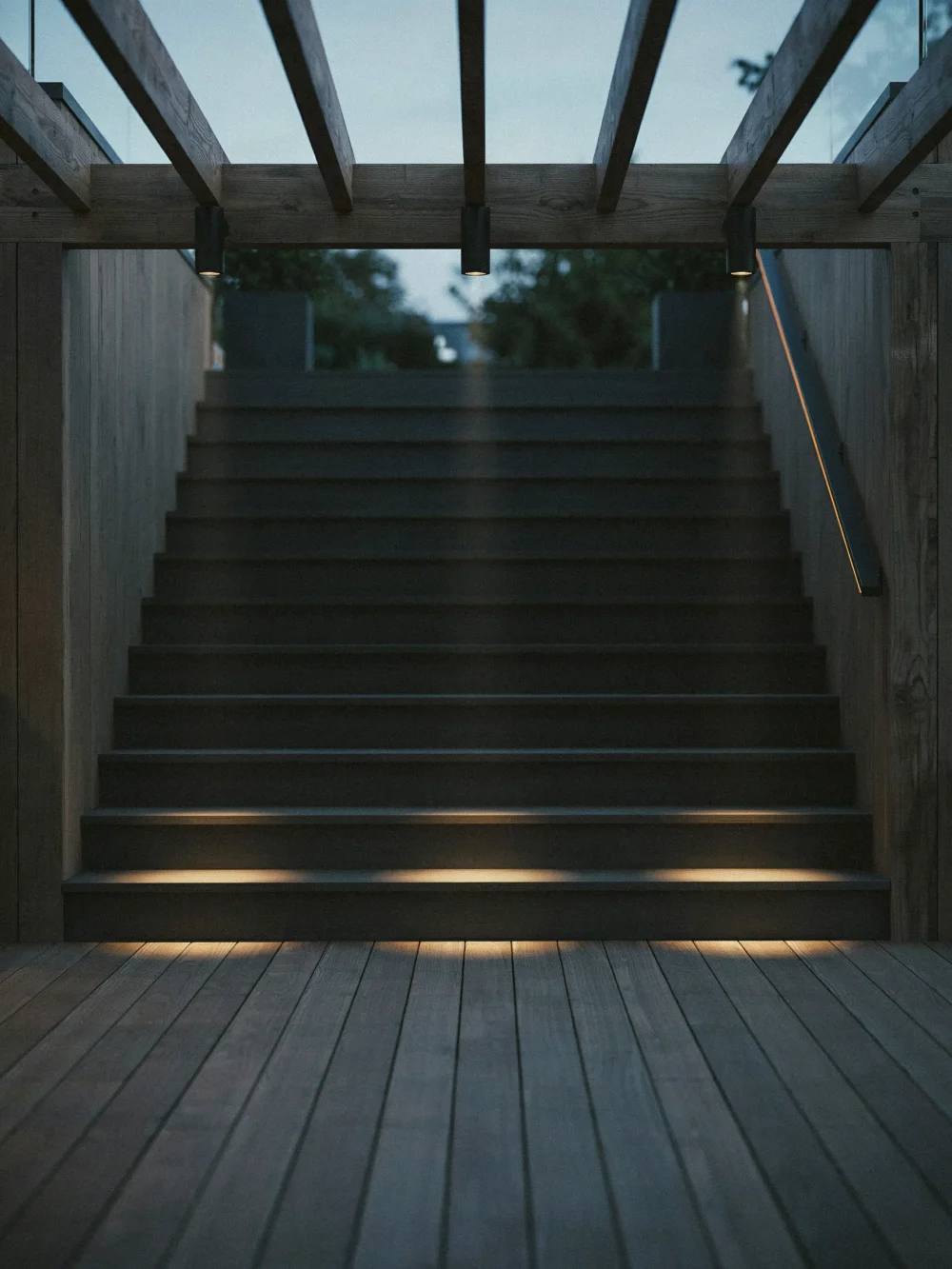 Downlighting From Overhead Pergola Beams Above Stairs