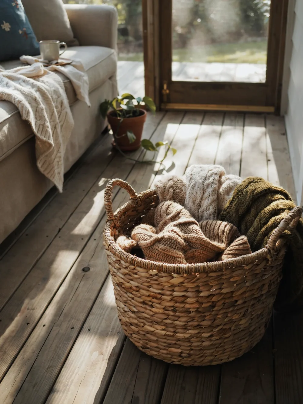 Layer Throw Blankets in a Woven Basket