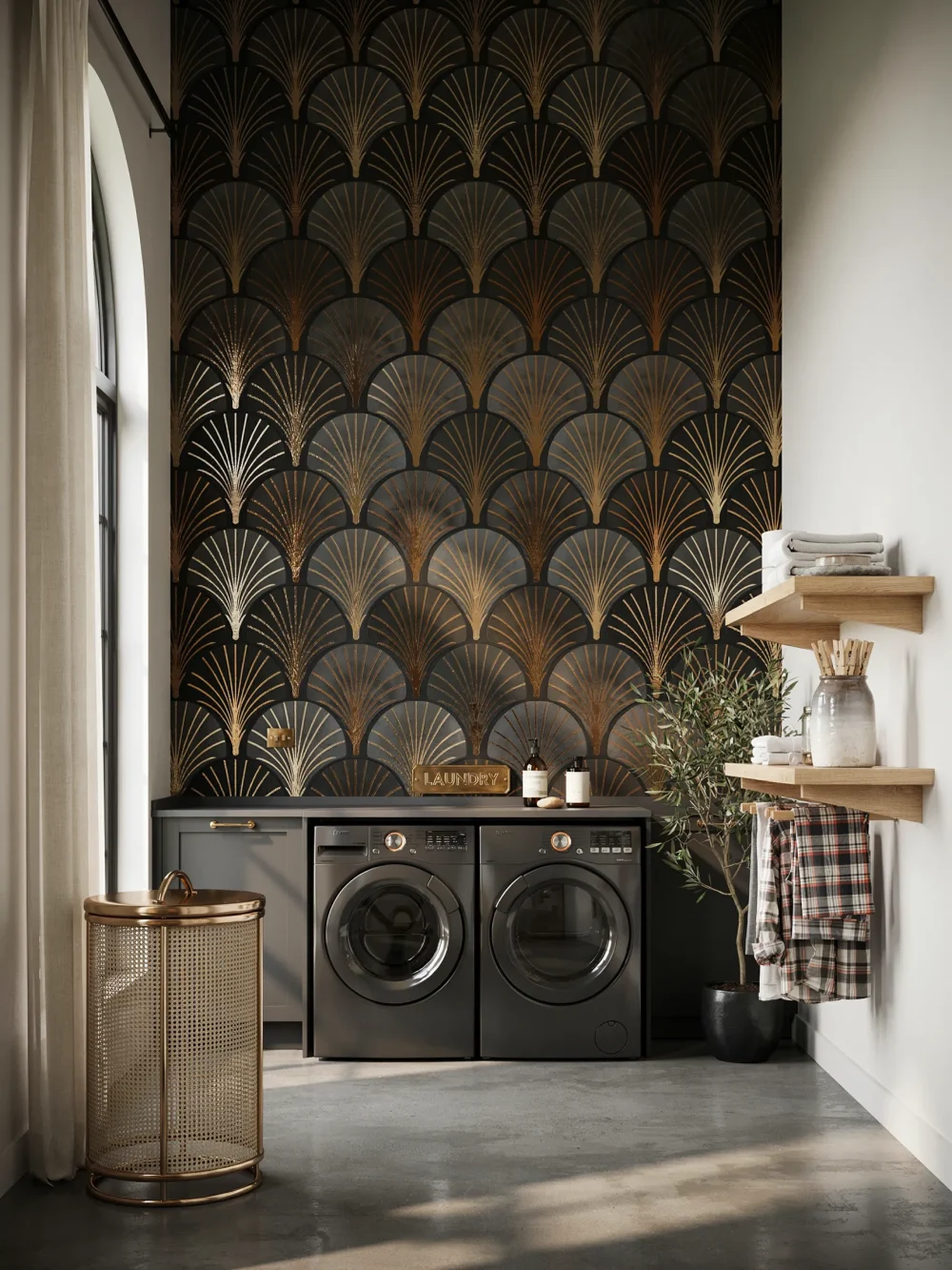 Graphic Art Deco Fan in Black and Gold