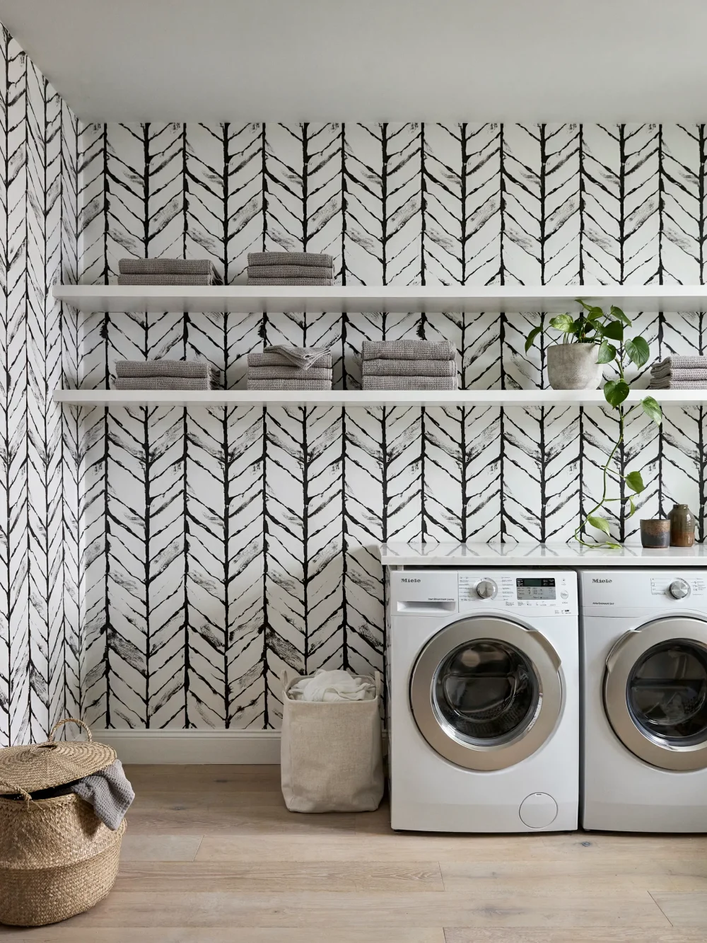 Inky Black Herringbone on White