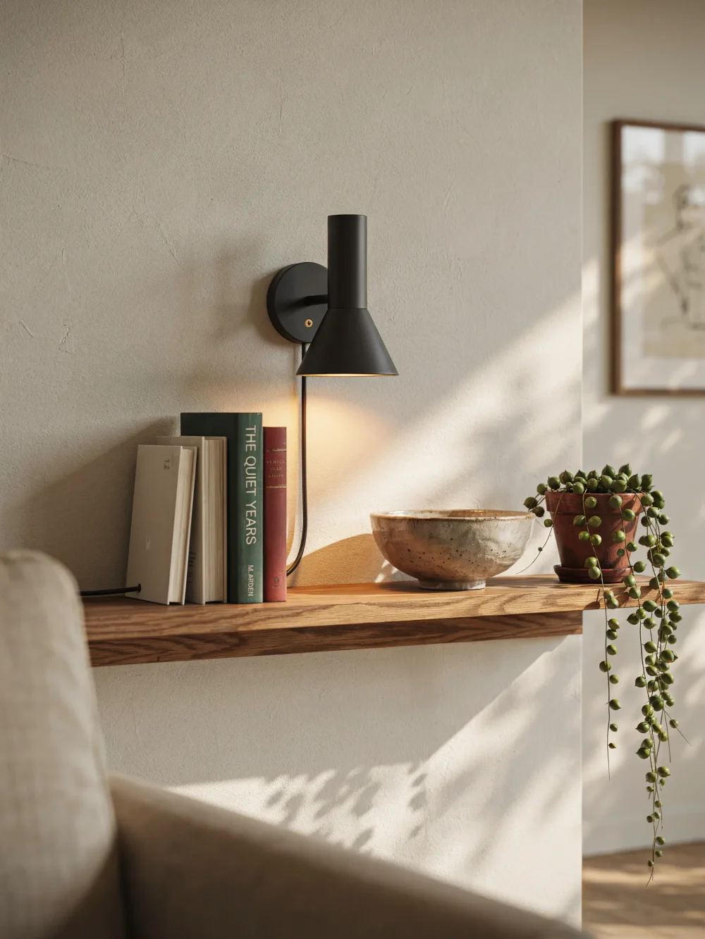 Sconces Paired With Floating Wood Shelves
