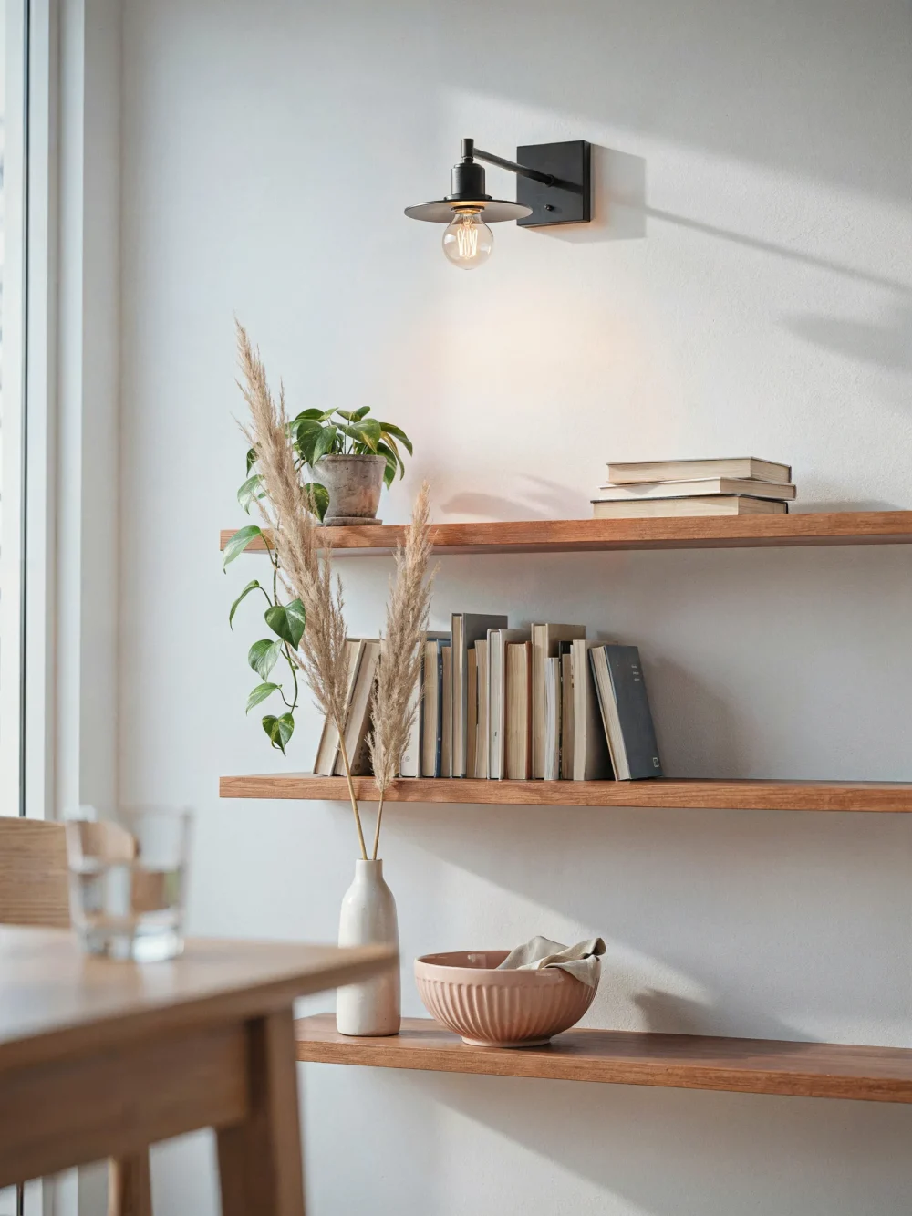 Black Metal Barn Light Sconces Over Open Shelving
