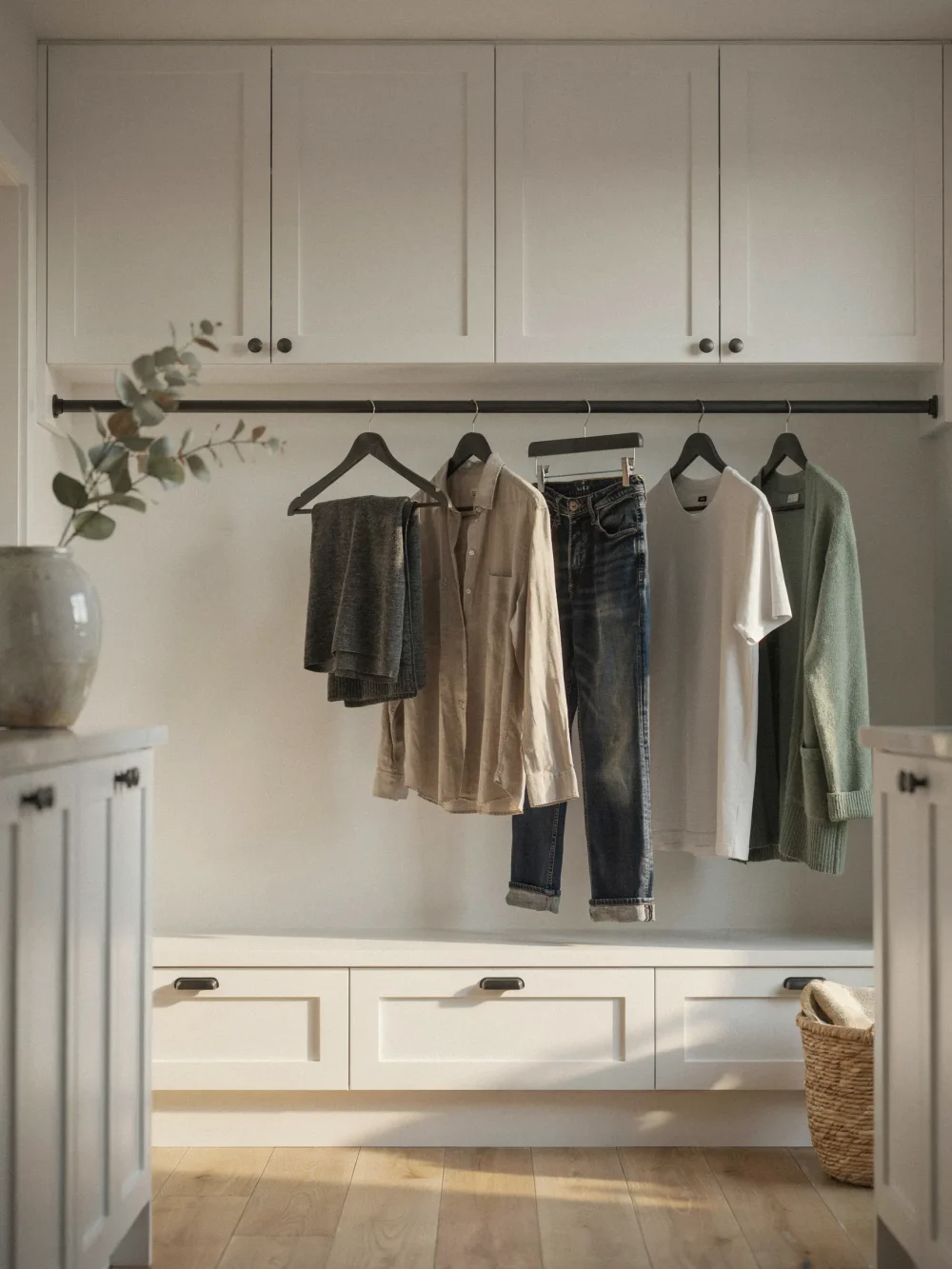 Matte Black Hanging Clothing Rod Under Upper Cabinets