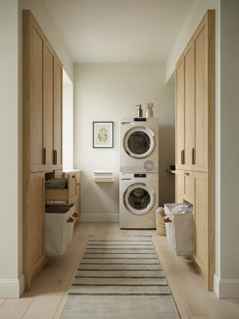 Stacked Washer-Dryer Column with Side Storage Tower