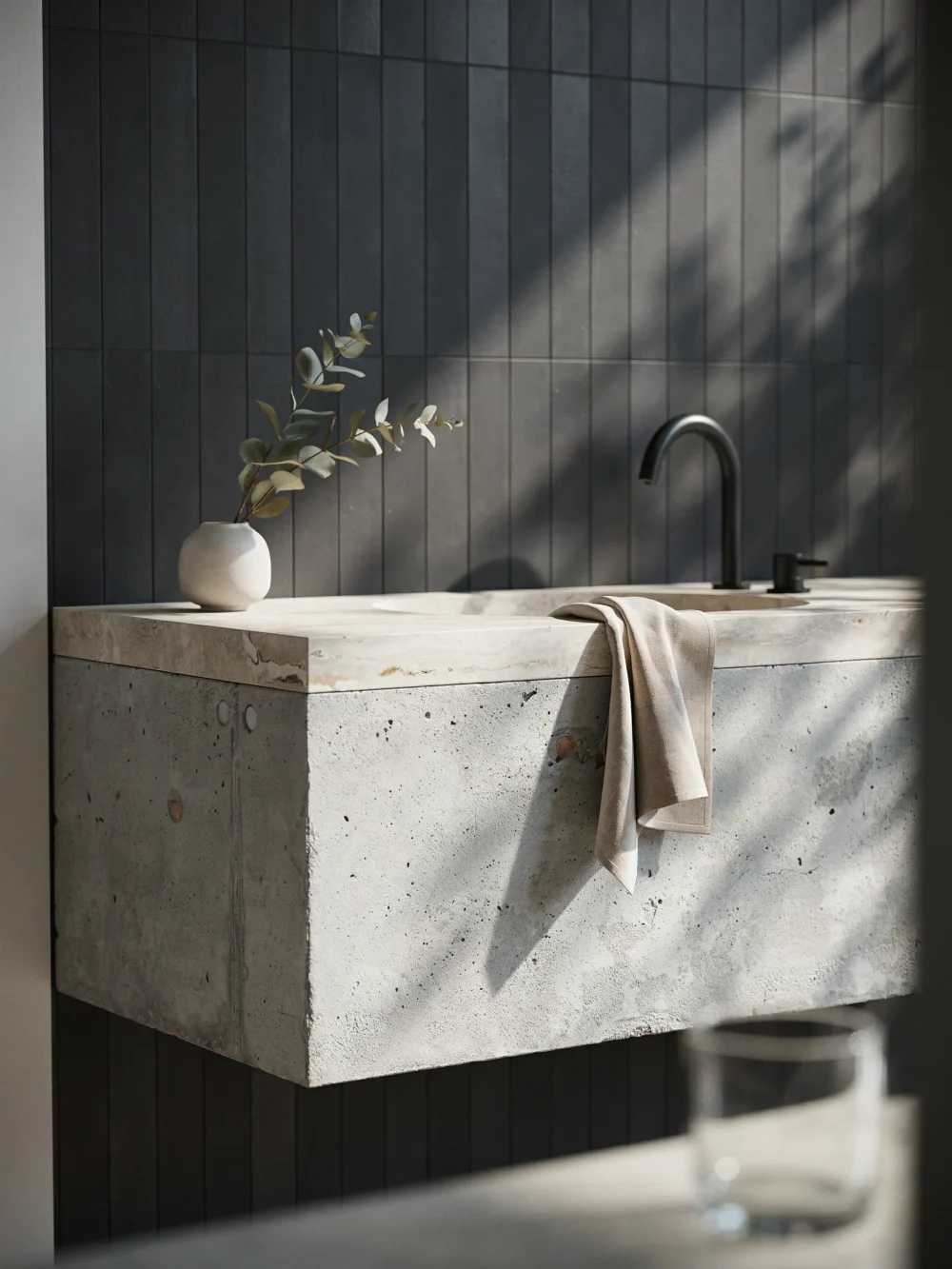 Floating Concrete and Stone Integrated Vanity